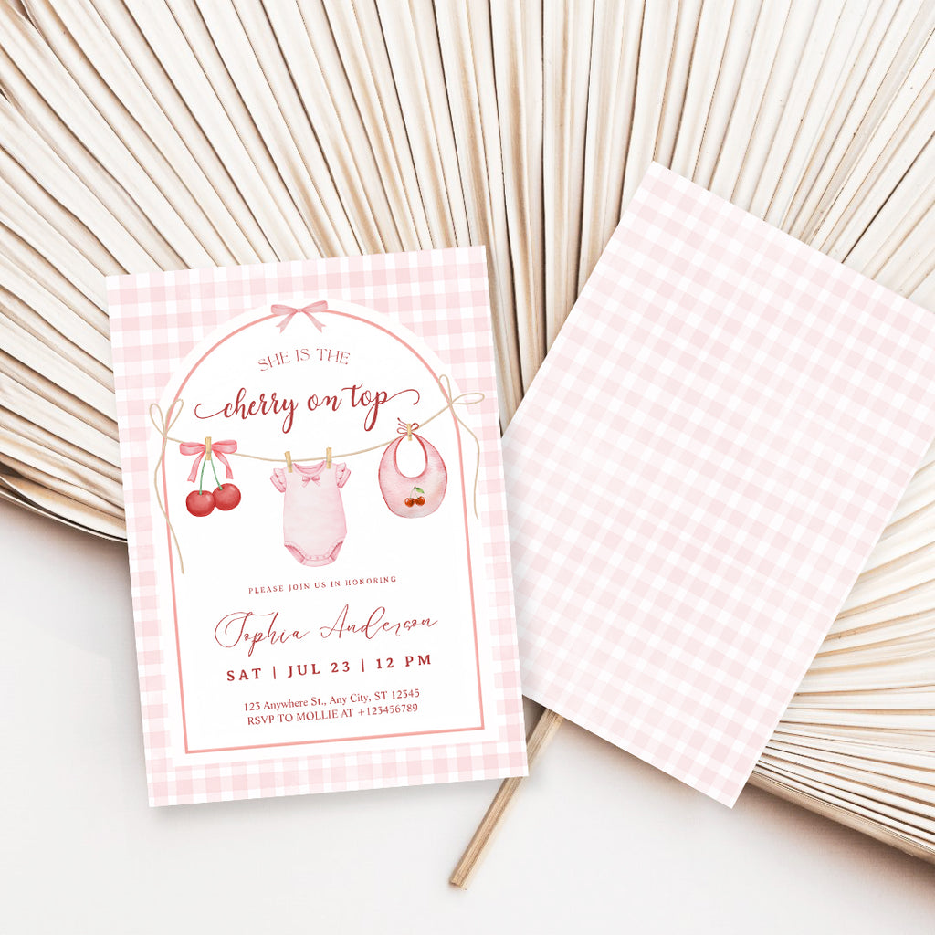 She's the Cherry on Top Baby Shower Invitation | Cherry Theme Baby Girl Shower Invite | Clothesline Baby Shower Invitation
