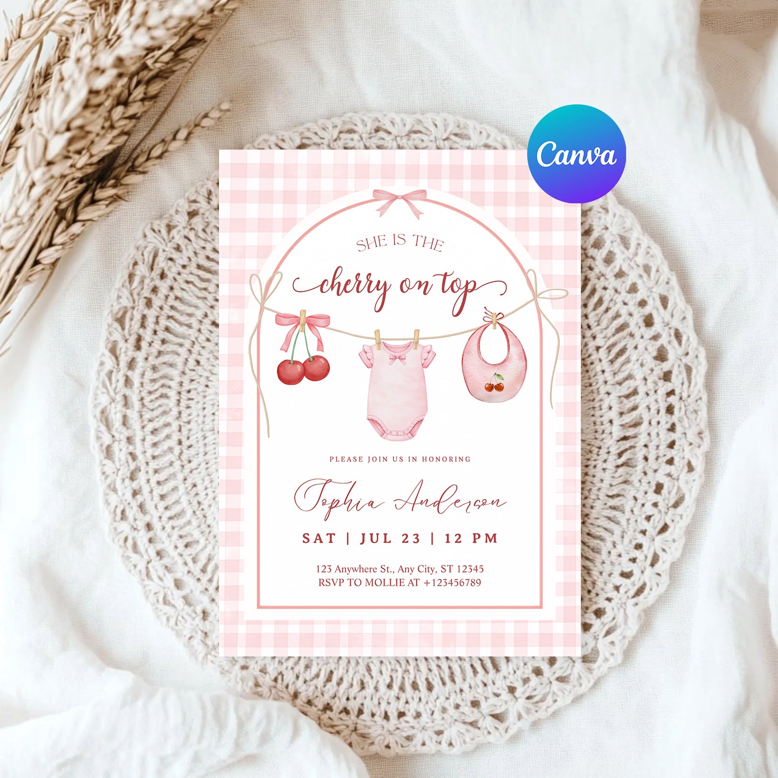 She's the Cherry on Top Baby Shower Invitation | Cherry Theme Baby Girl Shower Invite | Clothesline Baby Shower Invitation