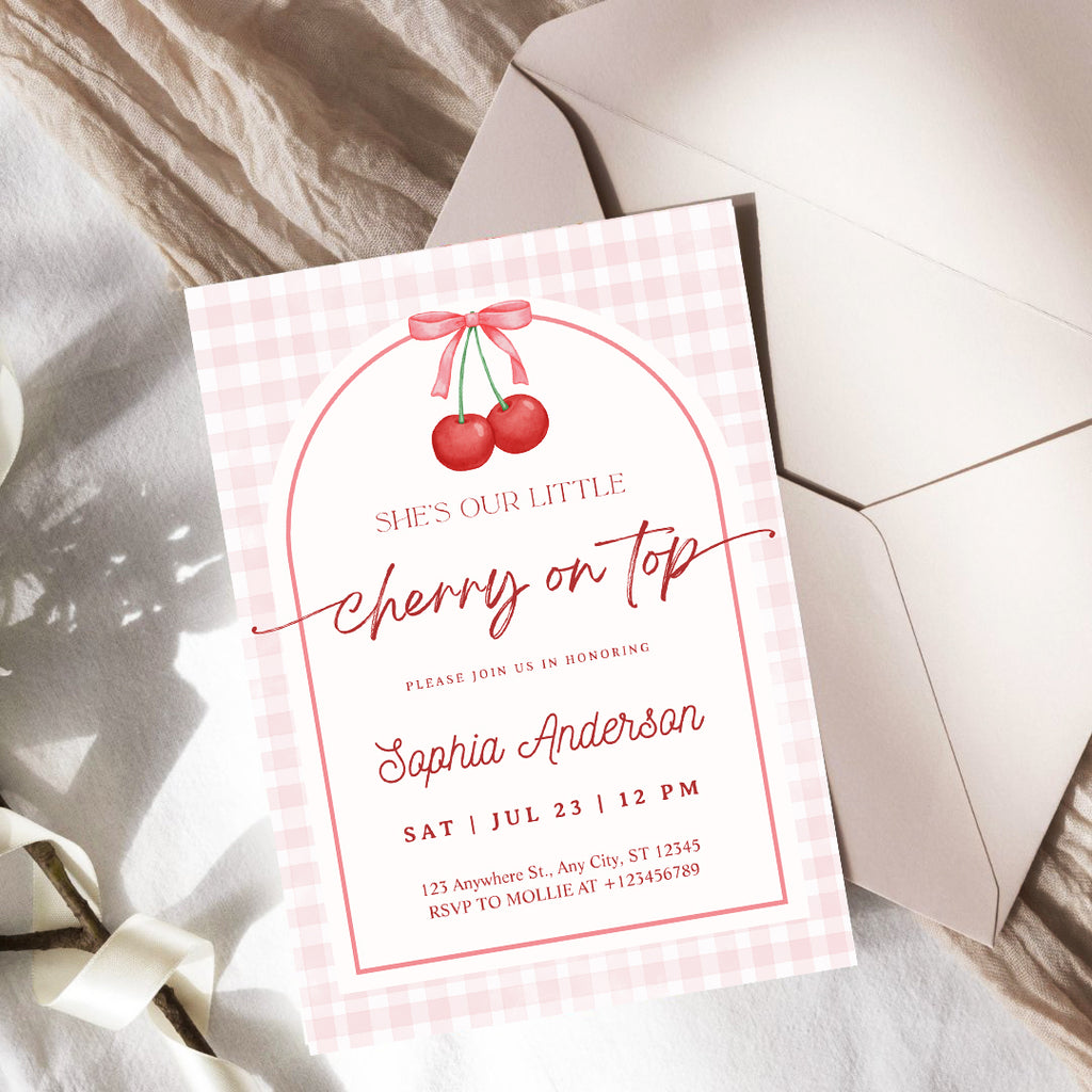 Editable She is the Cherry on Top Baby Shower Invitation | Gingham Cherry Canva Template – Instant Download