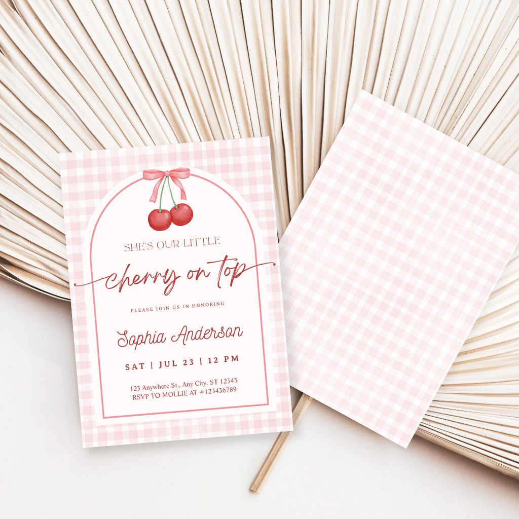 Editable She is the Cherry on Top Baby Shower Invitation | Gingham Cherry Canva Template – Instant Download