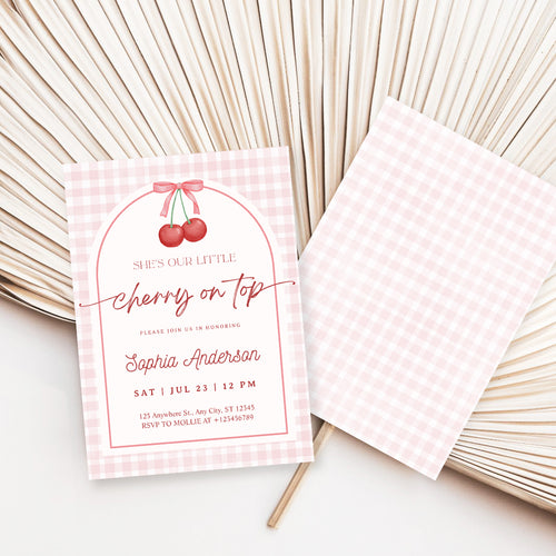 Editable She is the Cherry on Top Baby Shower Invitation | Gingham Cherry Canva Template – Instant Download
