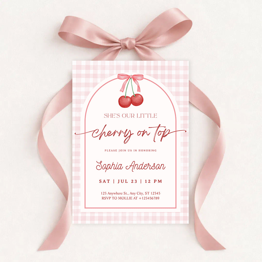 Editable She is the Cherry on Top Baby Shower Invitation | Gingham Cherry Canva Template – Instant Download