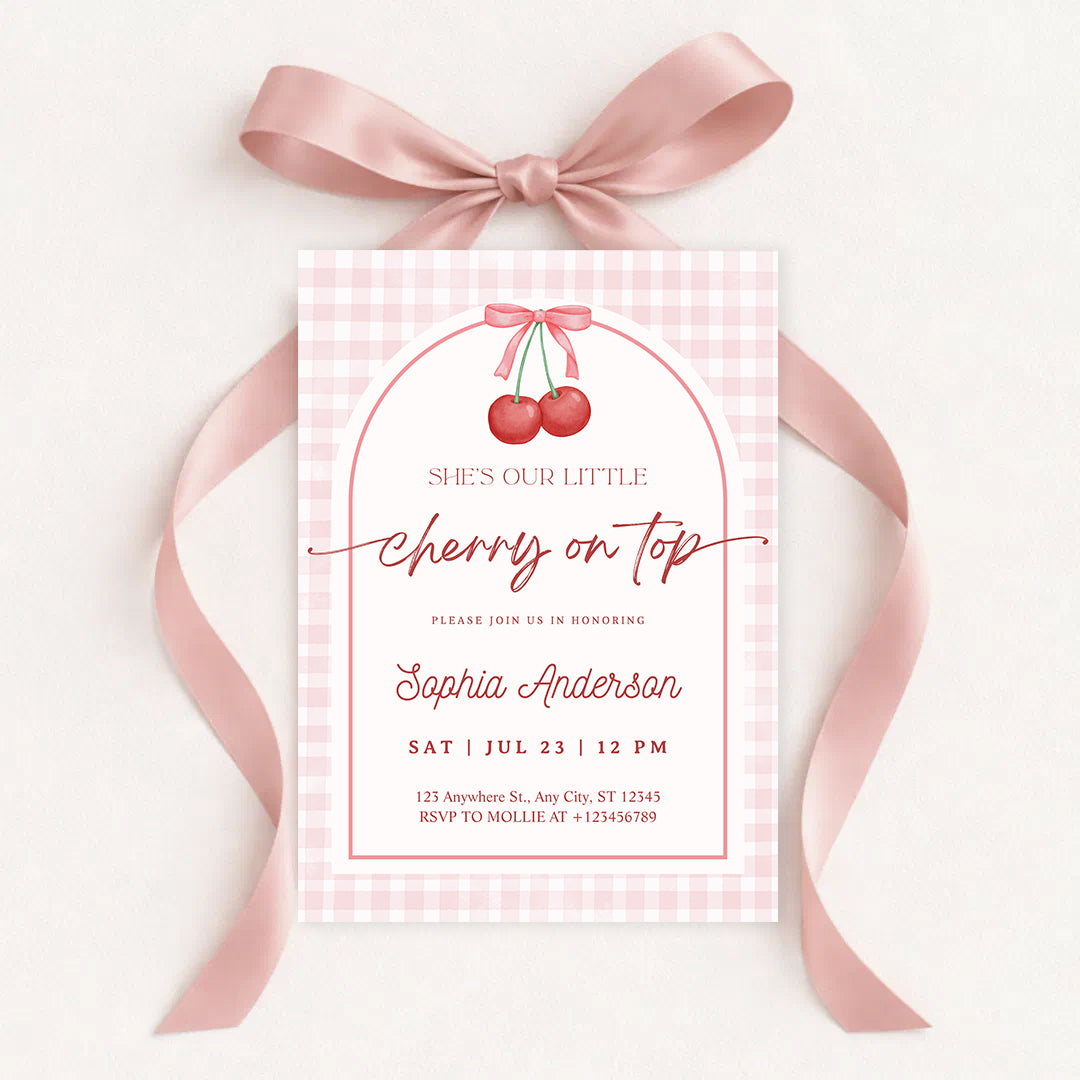 Editable She is the Cherry on Top Baby Shower Invitation | Gingham Cherry Canva Template – Instant Download