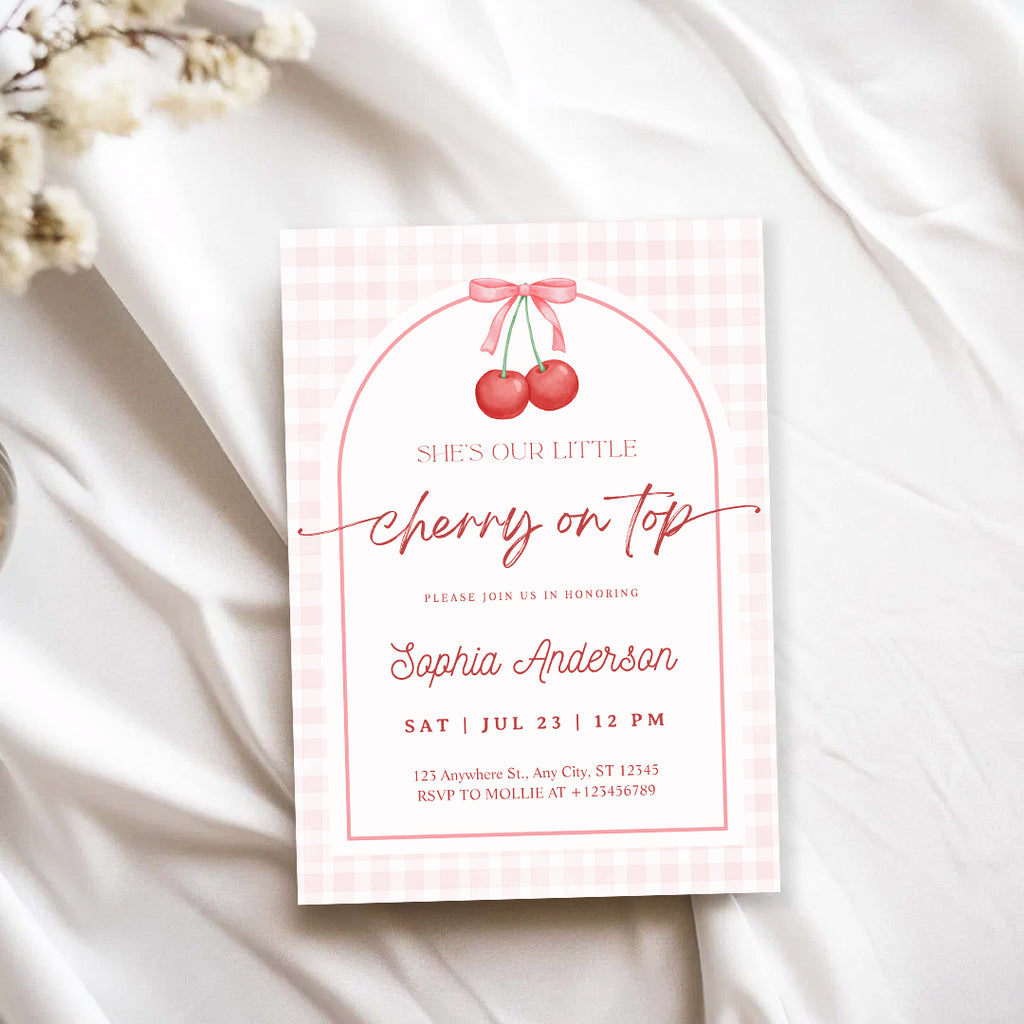 Editable She is the Cherry on Top Baby Shower Invitation | Gingham Cherry Canva Template – Instant Download