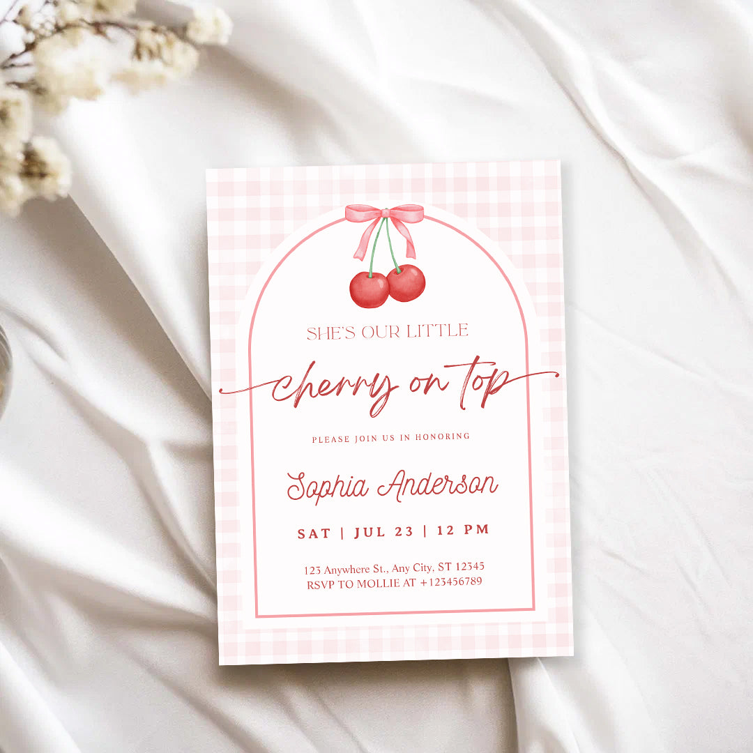 Editable She is the Cherry on Top Baby Shower Invitation | Gingham Cherry Canva Template – Instant Download