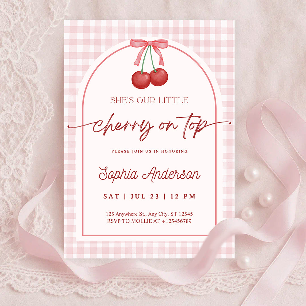 Editable She is the Cherry on Top Baby Shower Invitation | Gingham Cherry Canva Template – Instant Download