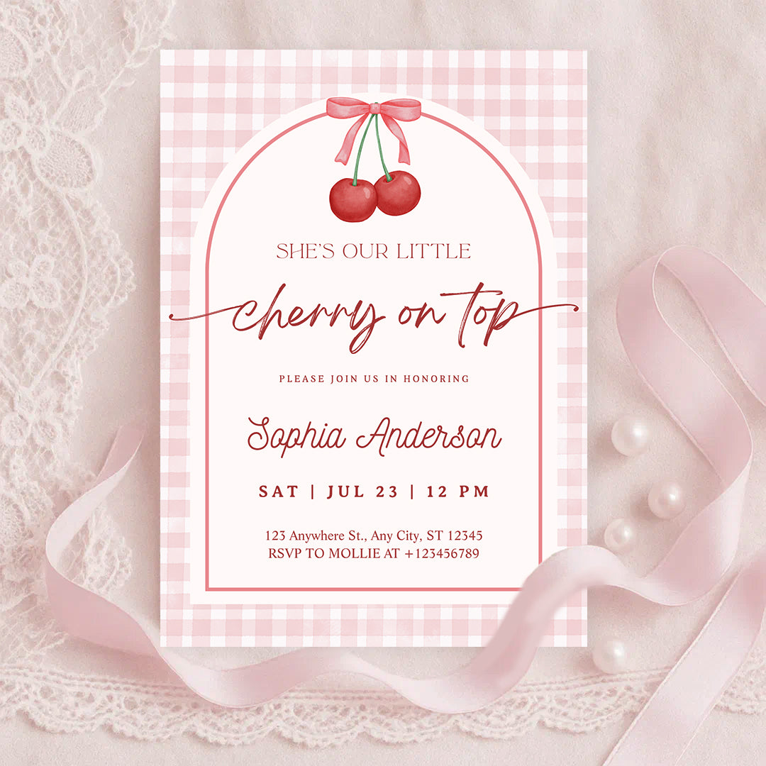 Editable She is the Cherry on Top Baby Shower Invitation | Gingham Cherry Canva Template – Instant Download