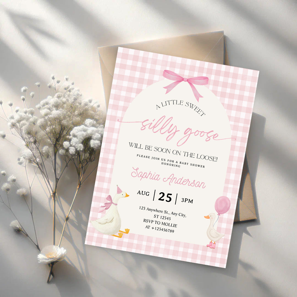 Editable Silly Goose Baby Shower Invitation | Pink Bow Gingham Canva Template – Instant Download