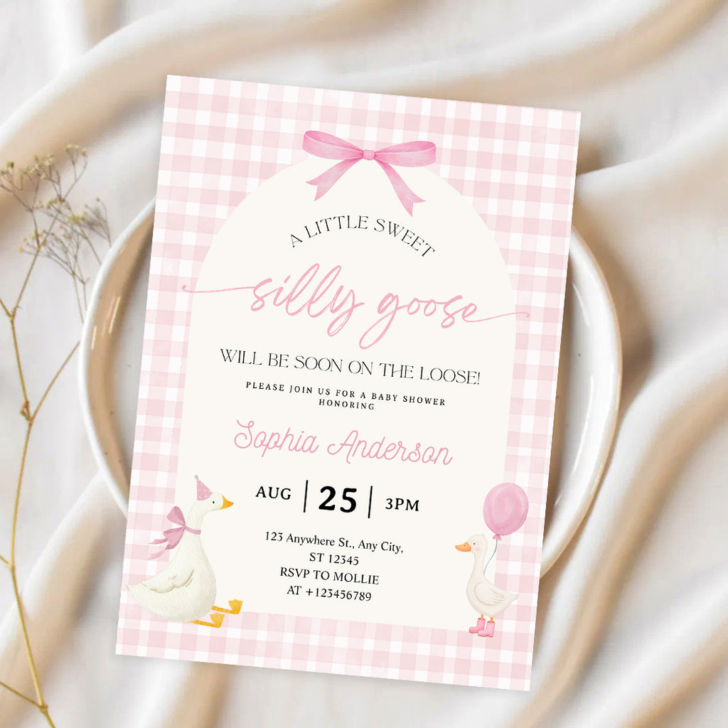 Editable Silly Goose Baby Shower Invitation | Pink Bow Gingham Canva Template – Instant Download