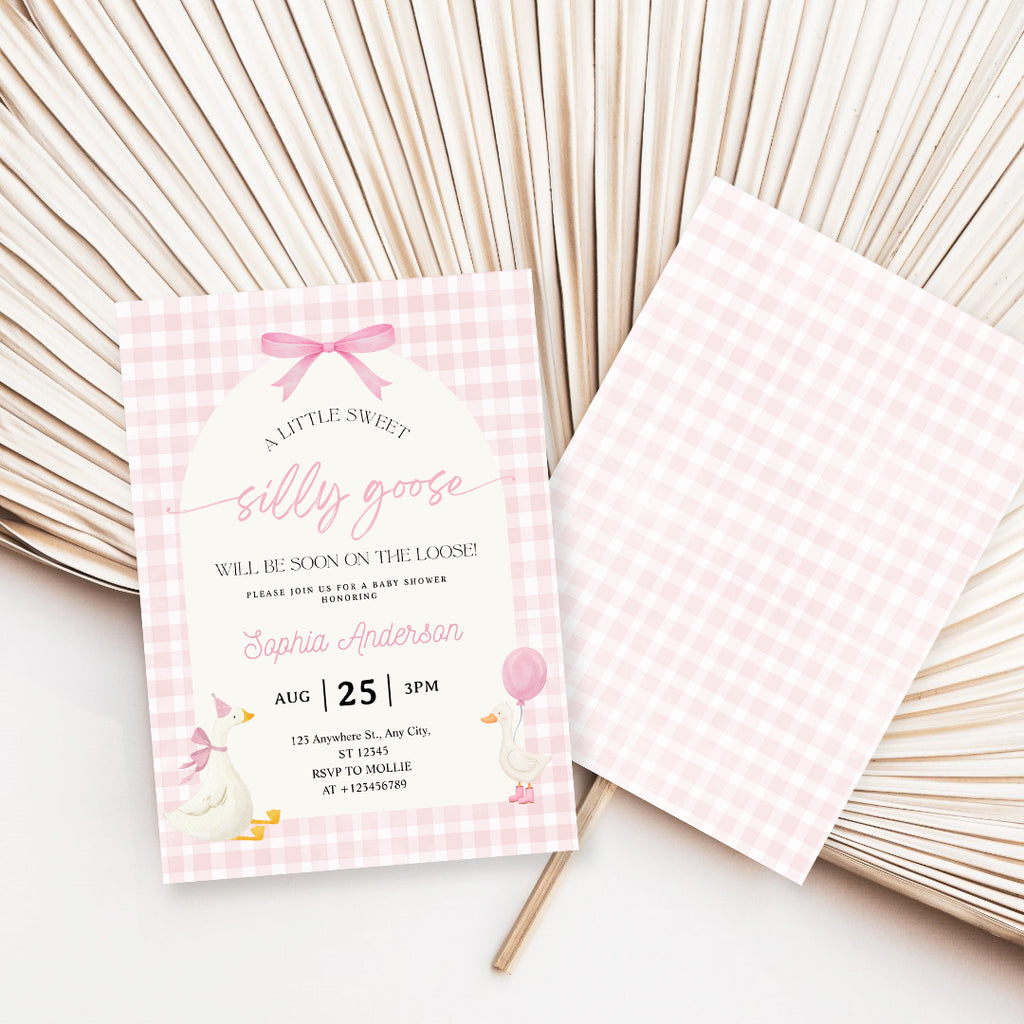 Editable Silly Goose Baby Shower Invitation | Pink Bow Gingham Canva Template – Instant Download