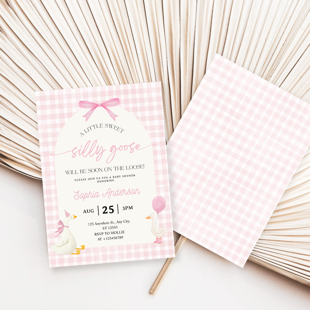 Editable Silly Goose Baby Shower Invitation | Pink Bow Gingham Canva Template – Instant Download