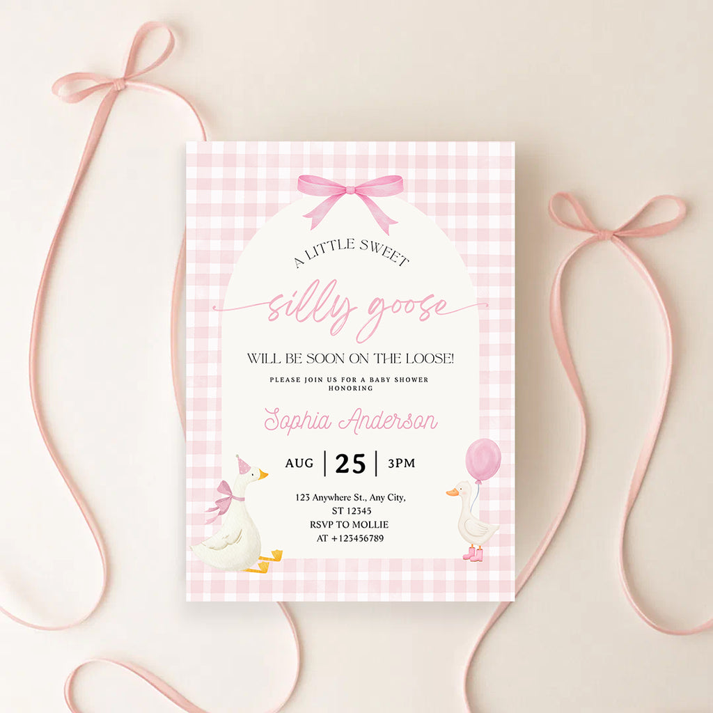 Editable Silly Goose Baby Shower Invitation | Pink Bow Gingham Canva Template – Instant Download