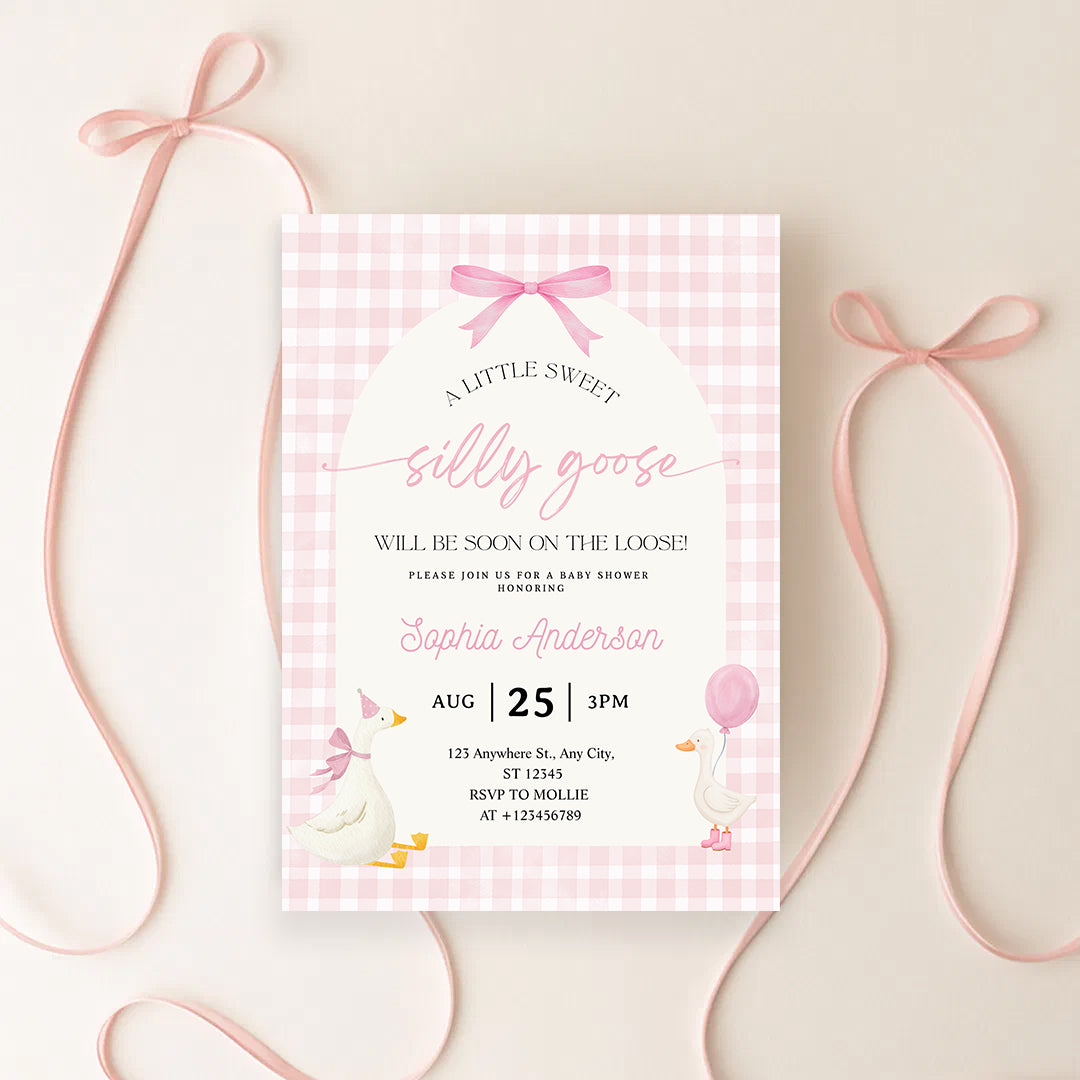 Editable Silly Goose Baby Shower Invitation | Pink Bow Gingham Canva Template – Instant Download