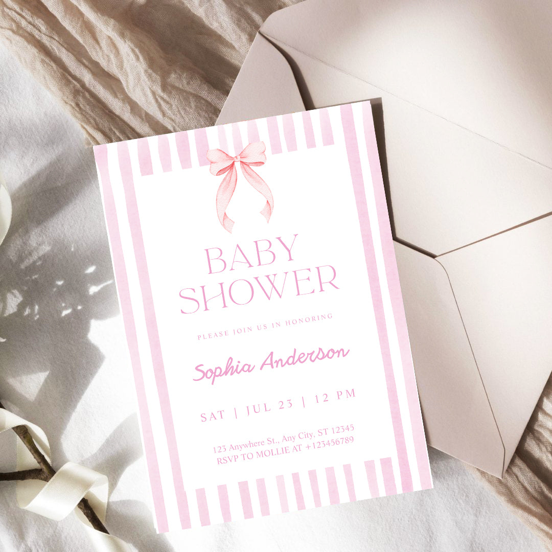 Editable Pink Striped Bow Baby Shower Invitation Template | Coquette Baby Shower Invite | Edit in Canva – Instant Download