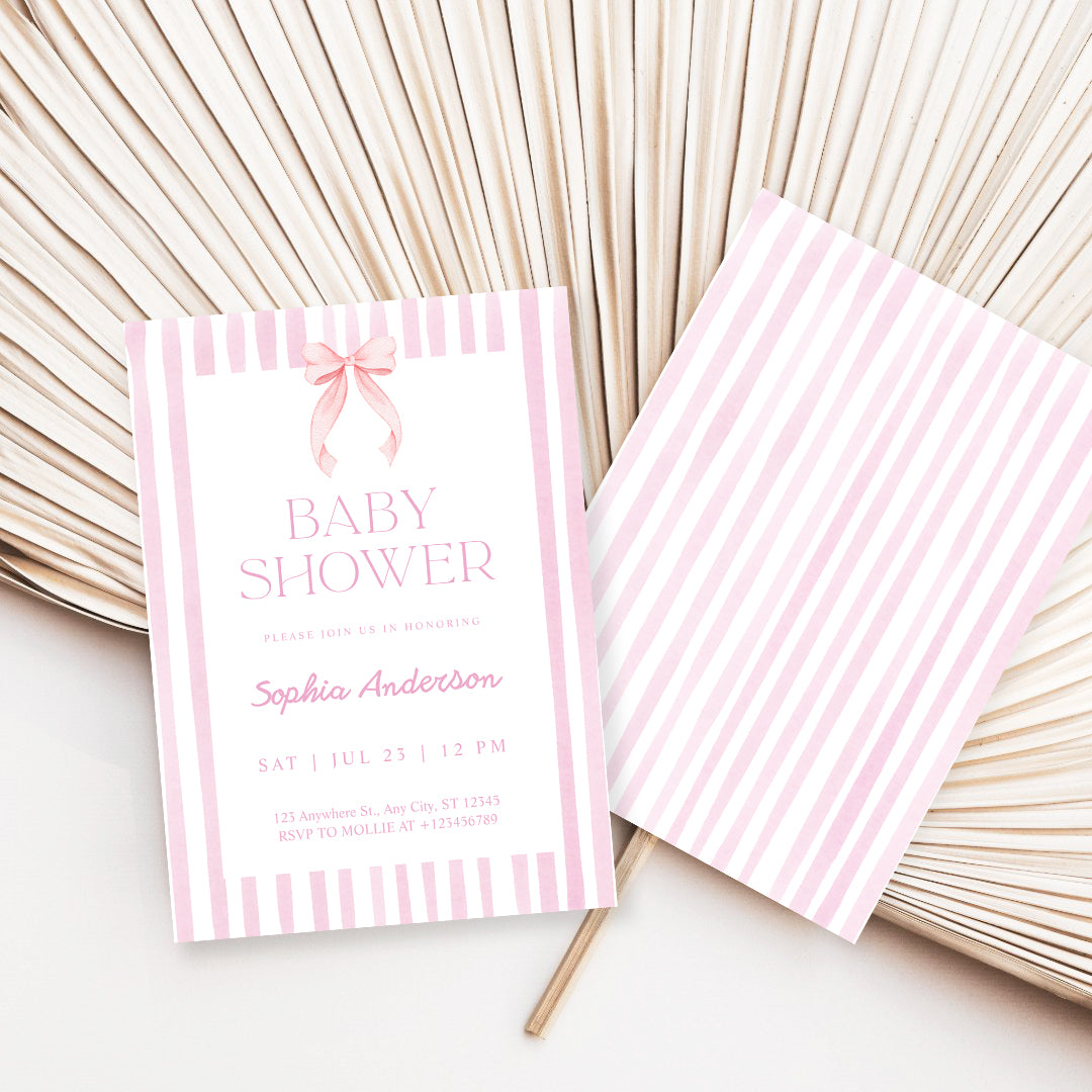 Editable Pink Striped Bow Baby Shower Invitation Template | Coquette Baby Shower Invite | Edit in Canva – Instant Download