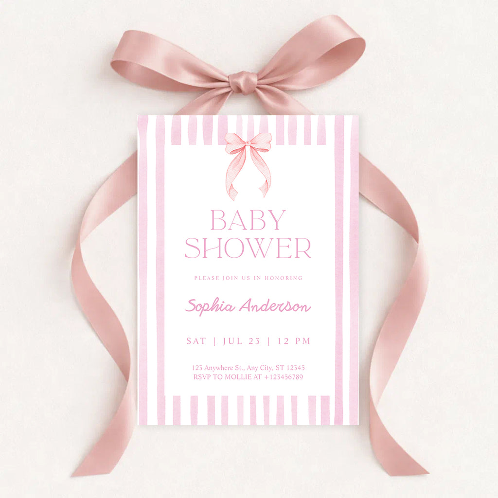 Editable Pink Striped Bow Baby Shower Invitation Template | Coquette Baby Shower Invite | Edit in Canva – Instant Download