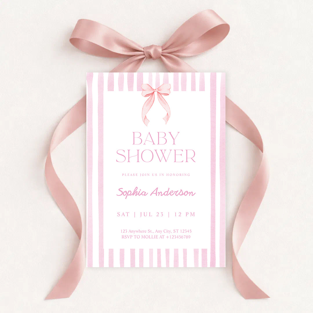 Editable Pink Striped Bow Baby Shower Invitation Template | Coquette Baby Shower Invite | Edit in Canva – Instant Download