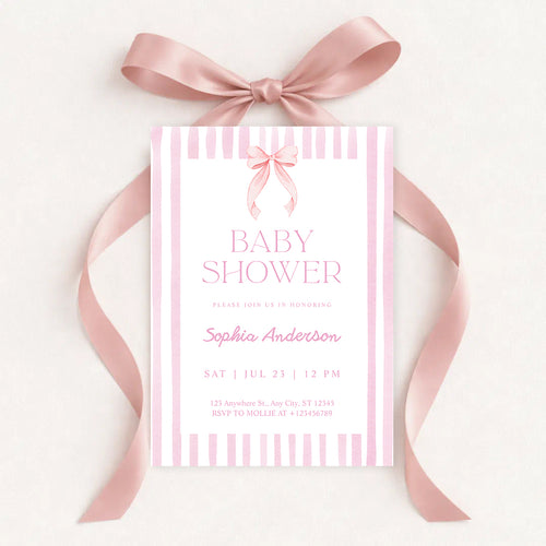 Editable Pink Striped Bow Baby Shower Invitation Template | Coquette Baby Shower Invite | Edit in Canva – Instant Download