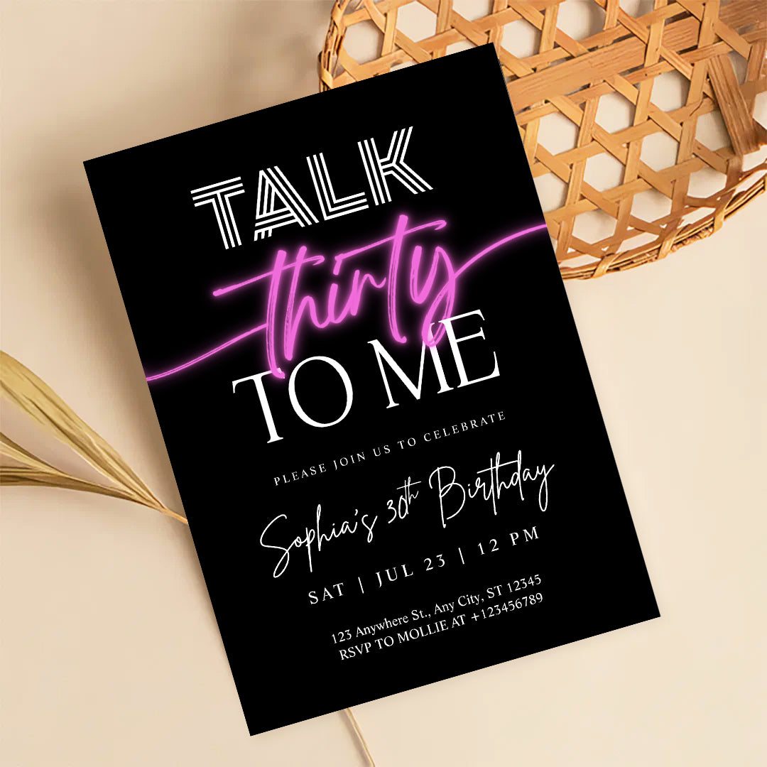 Talk 30 To Me 30th Birthday Invitation Template | Pink Neon Thirty Party Invite | Editable & Instant Download