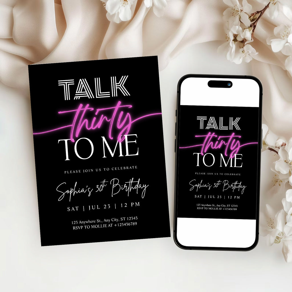 Talk 30 To Me 30th Birthday Invitation Template | Pink Neon Thirty Party Invite | Editable & Instant Download