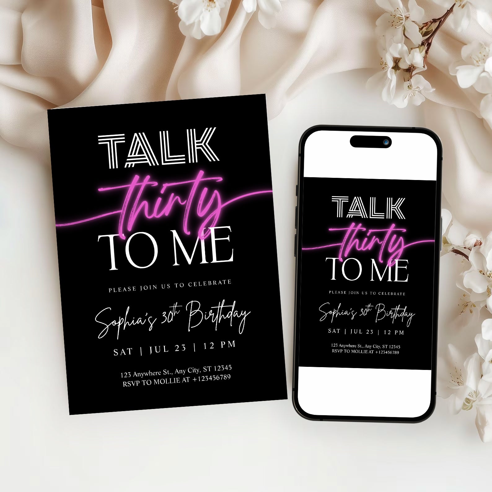 Talk 30 To Me 30th Birthday Invitation Template | Pink Neon Thirty Party Invite | Editable & Instant Download