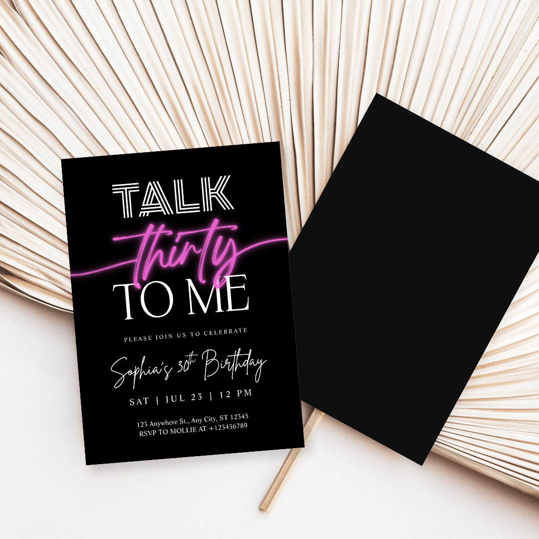 Talk 30 To Me 30th Birthday Invitation Template | Pink Neon Thirty Party Invite | Editable & Instant Download