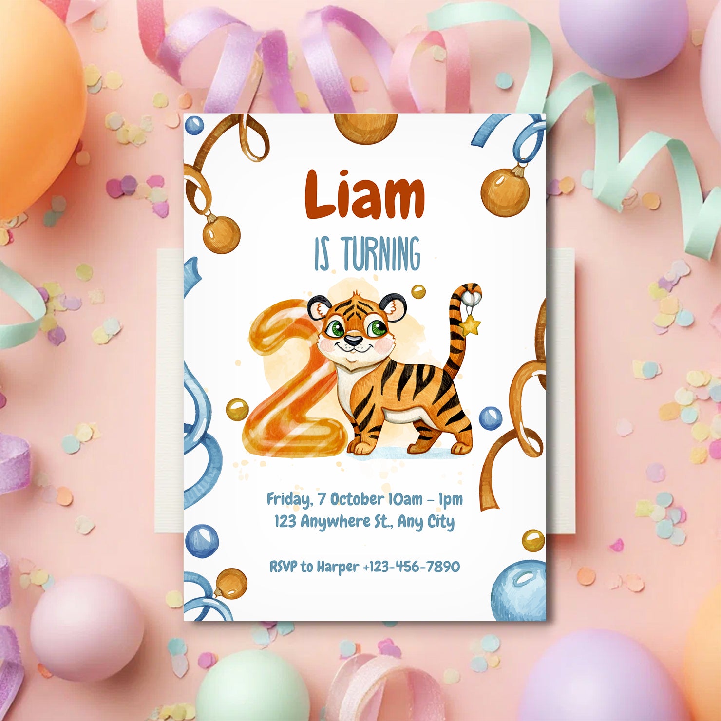 Wild & Cute Tiger 2nd Birthday Invitation – Editable Canva Template