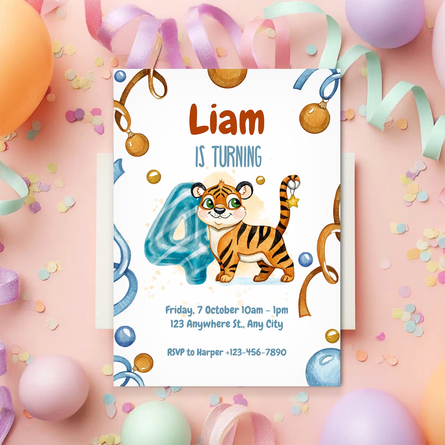 Wild & Cute Tiger 4th Birthday Invitation – Editable Canva Template