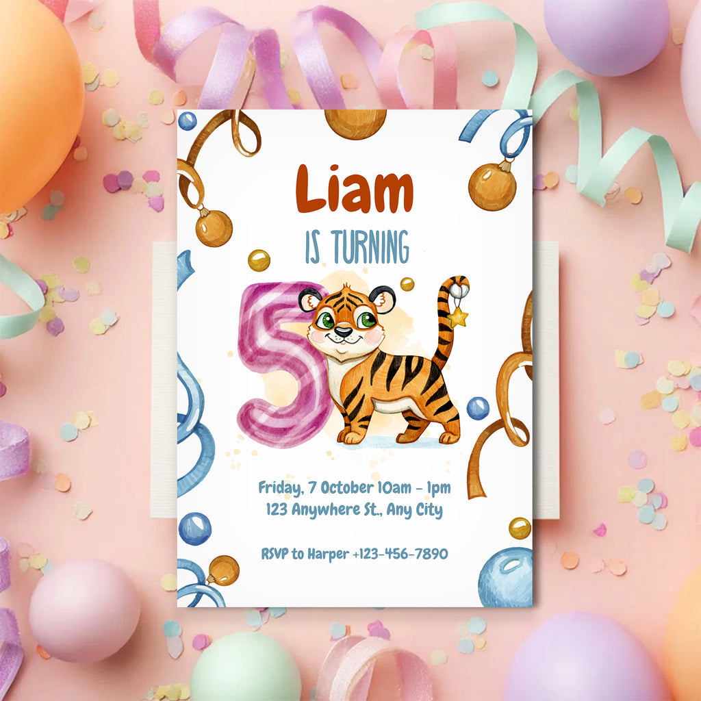 Wild & Cute Tiger 5th Birthday Invitation – Editable Canva Template