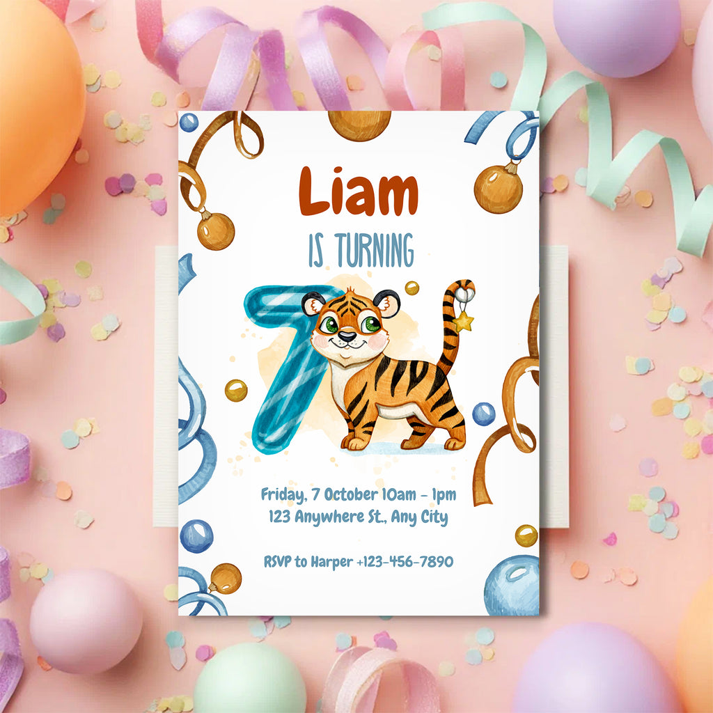 Wild & Cute Tiger 7th Birthday Invitation – Editable Canva Template