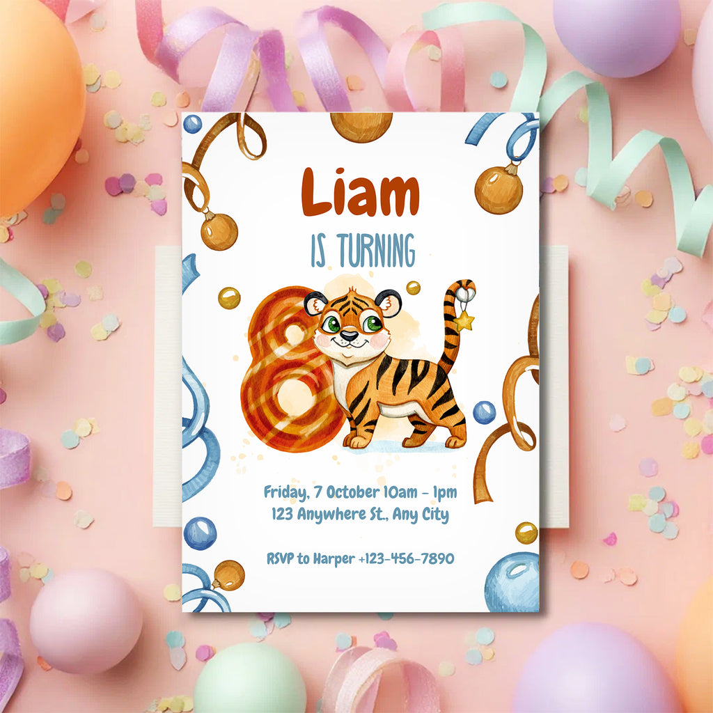 Wild & Cute Tiger 8th Birthday Invitation – Editable Canva Template