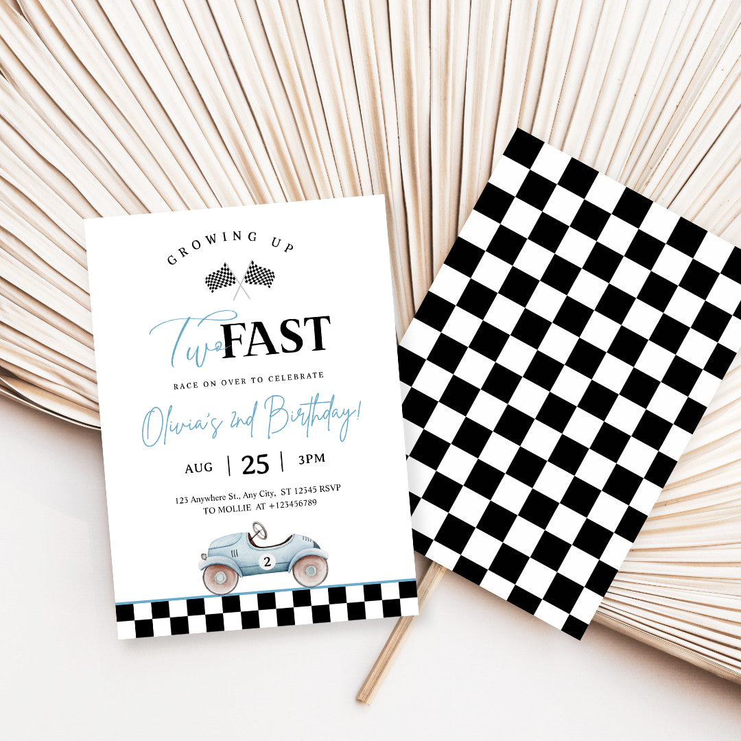 Growing Up Two Fast 2nd Birthday Invitation | Blue Vintage Race Car Party Invite