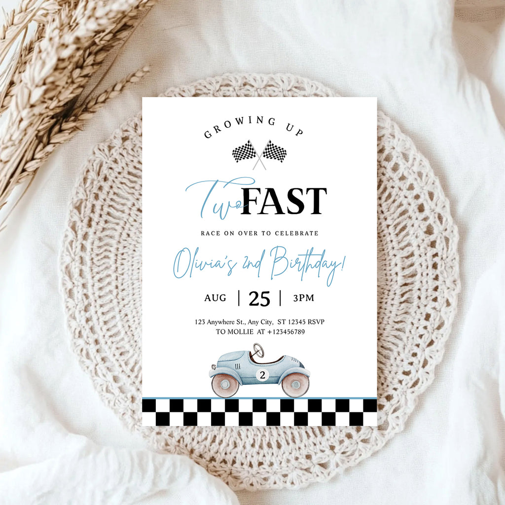 Growing Up Two Fast 2nd Birthday Invitation | Blue Vintage Race Car Party Invite