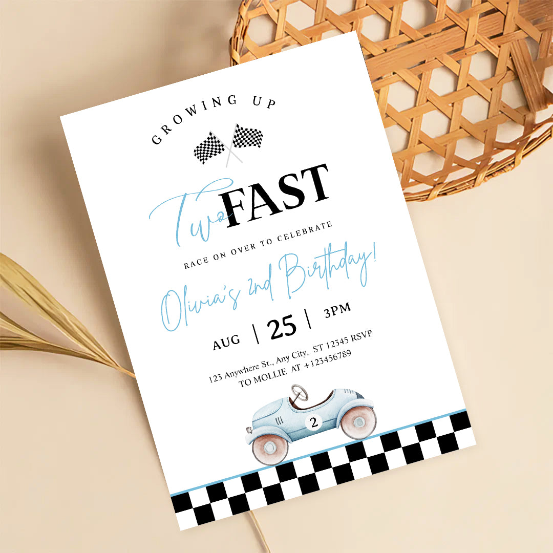 Growing Up Two Fast 2nd Birthday Invitation | Blue Vintage Race Car Party Invite