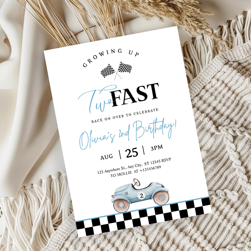 Growing Up Two Fast 2nd Birthday Invitation | Blue Vintage Race Car Party Invite