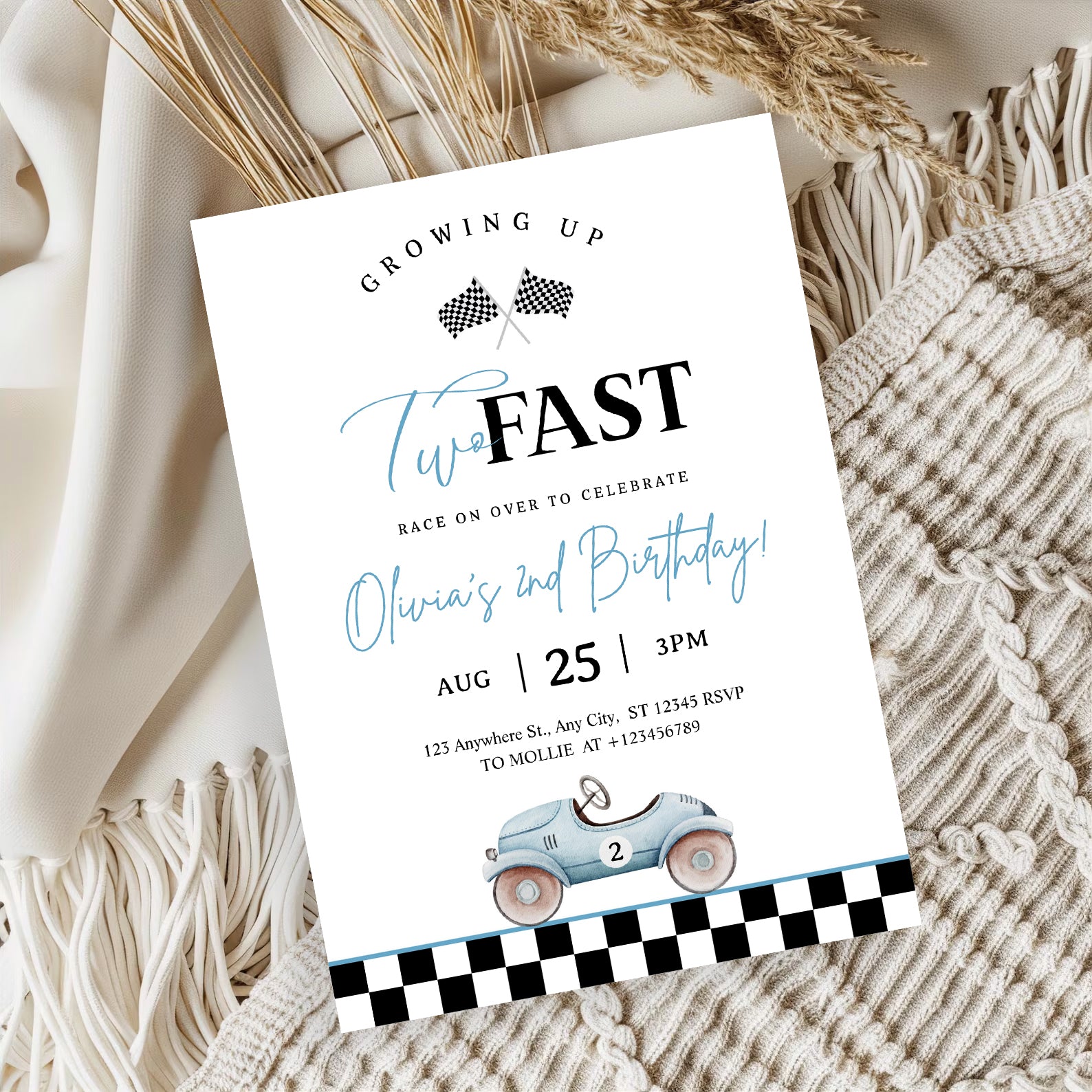 Growing Up Two Fast 2nd Birthday Invitation | Blue Vintage Race Car Party Invite