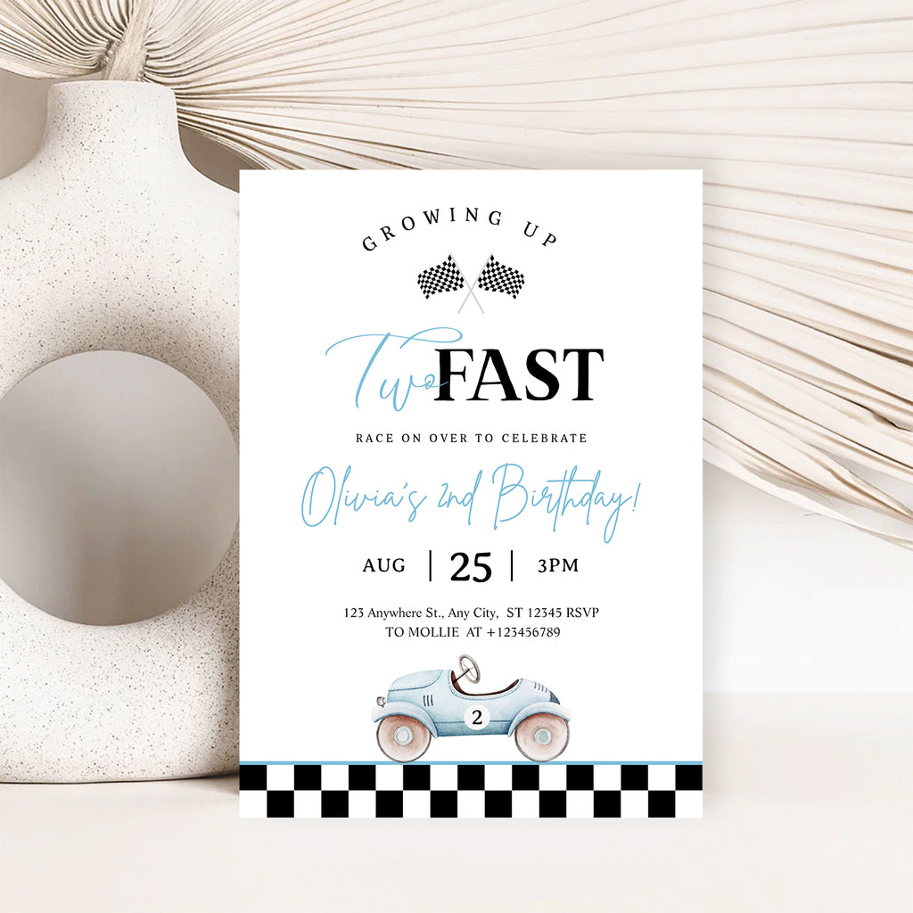 Growing Up Two Fast 2nd Birthday Invitation | Blue Vintage Race Car Party Invite