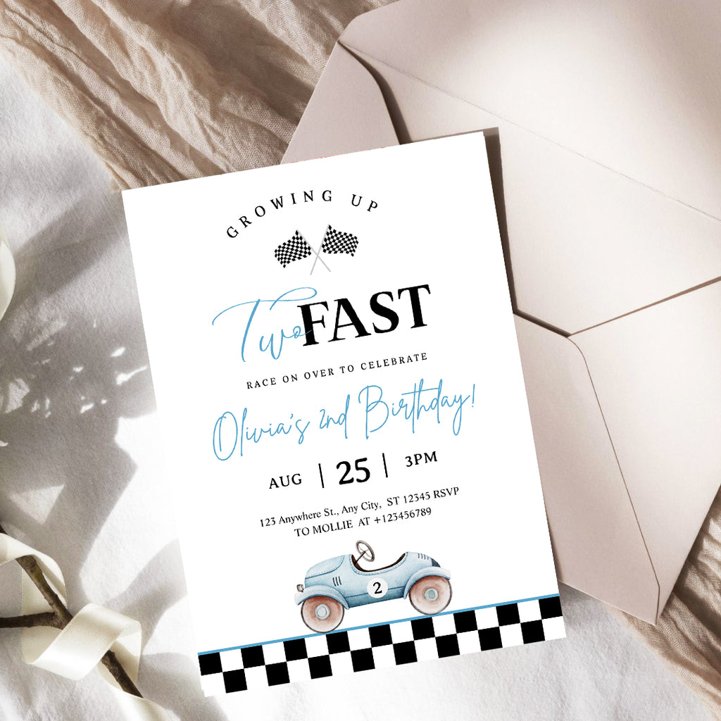 Growing Up Two Fast 2nd Birthday Invitation | Blue Vintage Race Car Party Invite