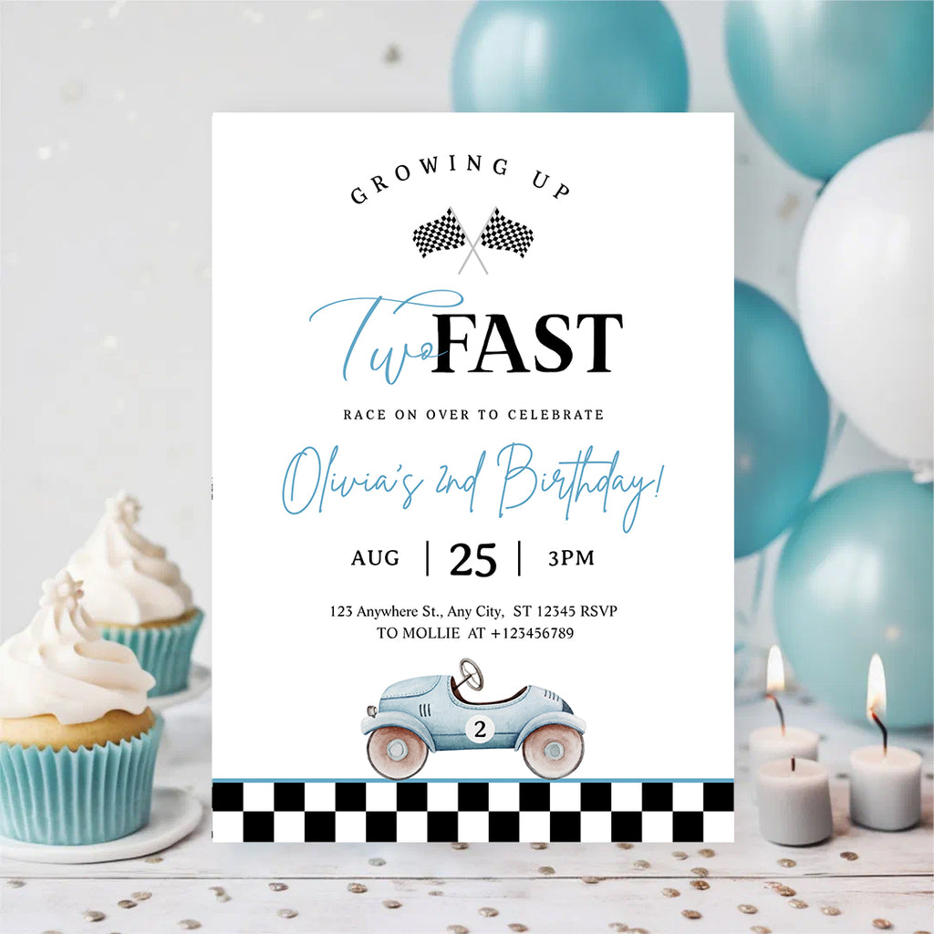 Growing Up Two Fast 2nd Birthday Invitation | Blue Vintage Race Car Party Invite