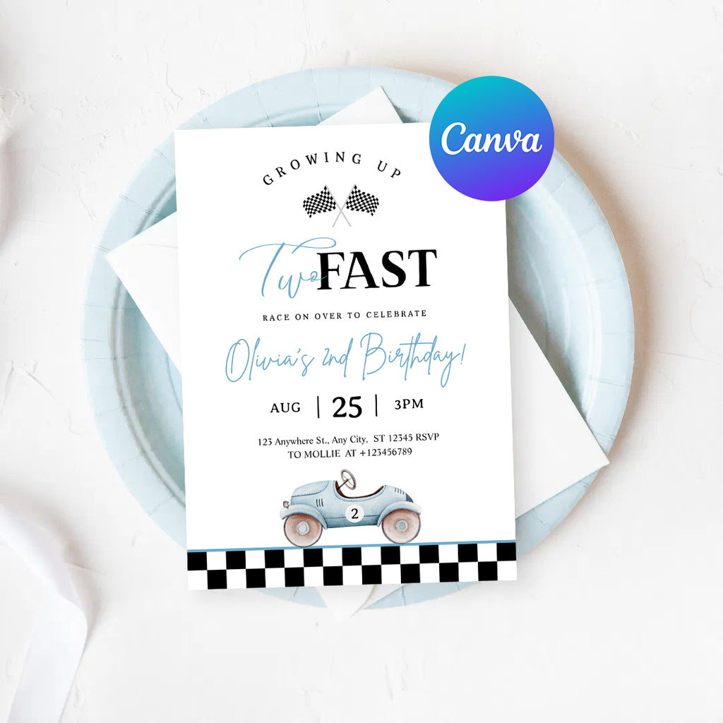 Growing Up Two Fast 2nd Birthday Invitation | Blue Vintage Race Car Party Invite