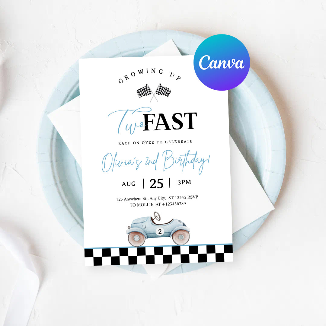 Growing Up Two Fast 2nd Birthday Invitation | Blue Vintage Race Car Party Invite