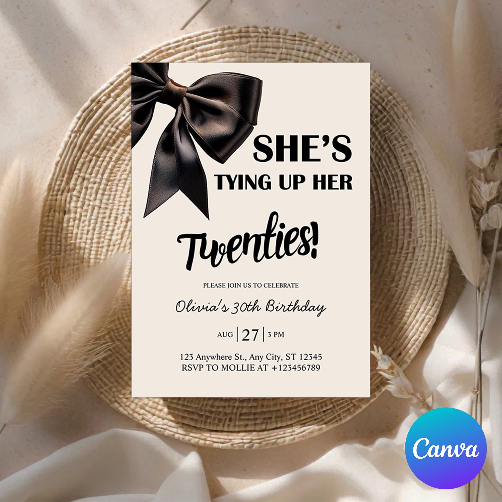Elegant Black Bow Birthday Invitation – Editable Canva Template
