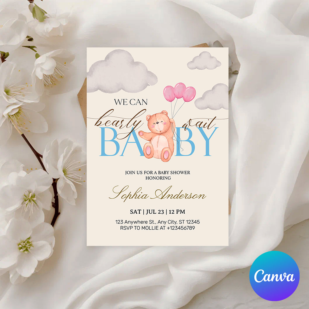 We Can Bearly Wait Pink & Blue Teddy Bear Baby Shower Invitation – Editable Canva Template
