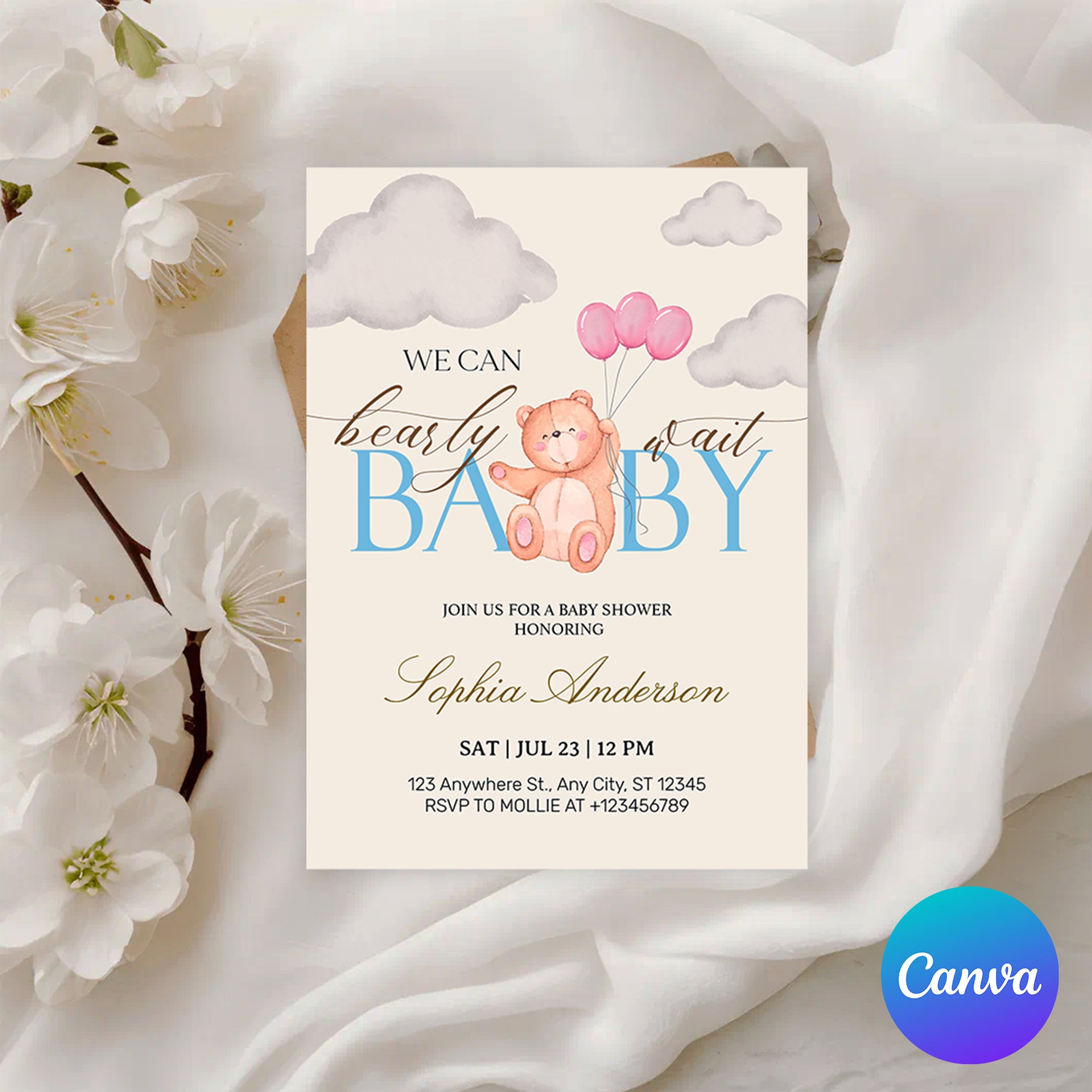We Can Bearly Wait Pink & Blue Teddy Bear Baby Shower Invitation – Editable Canva Template