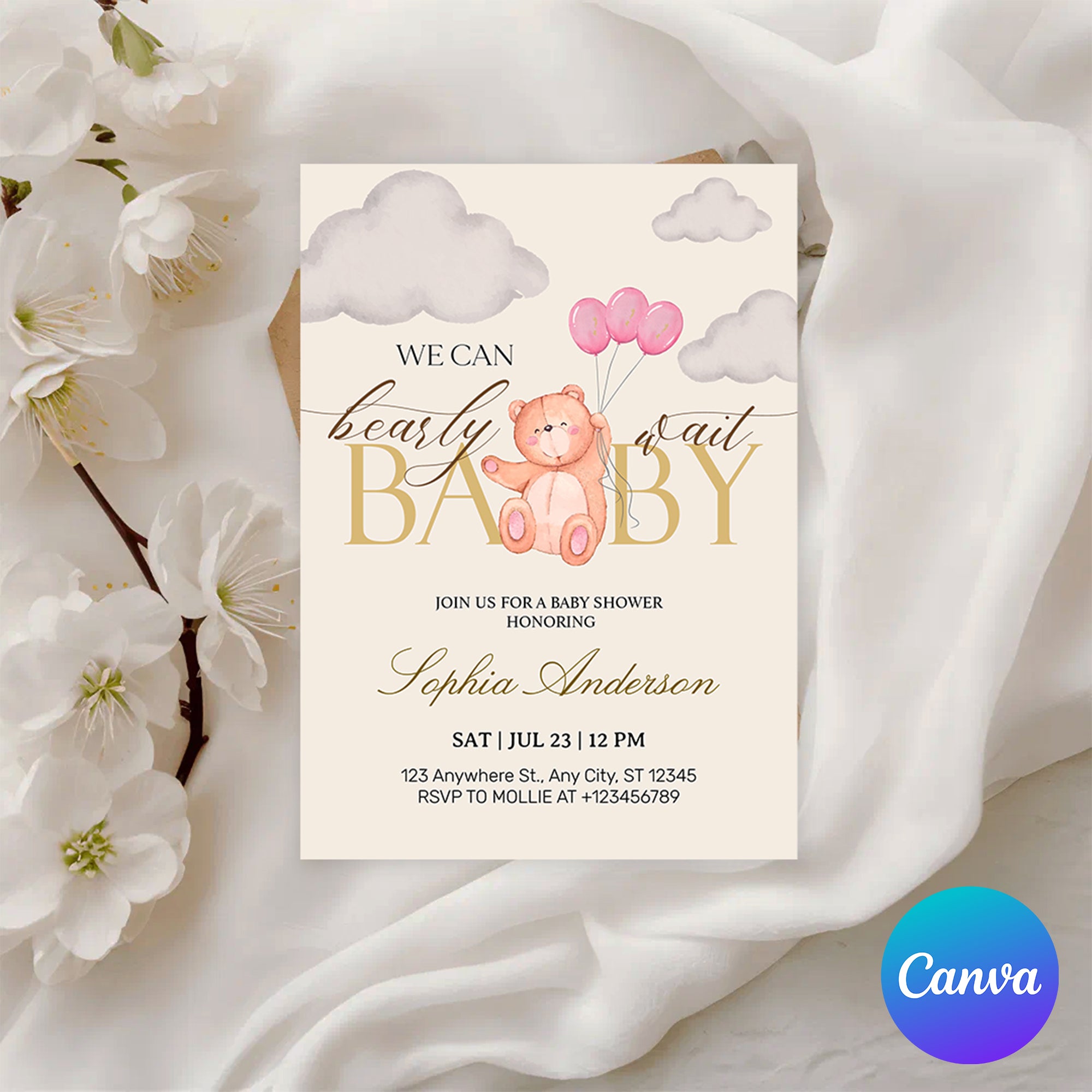 We Can Bearly Wait Pink & Gold Teddy Bear Baby Shower Invitation – Editable Canva Template