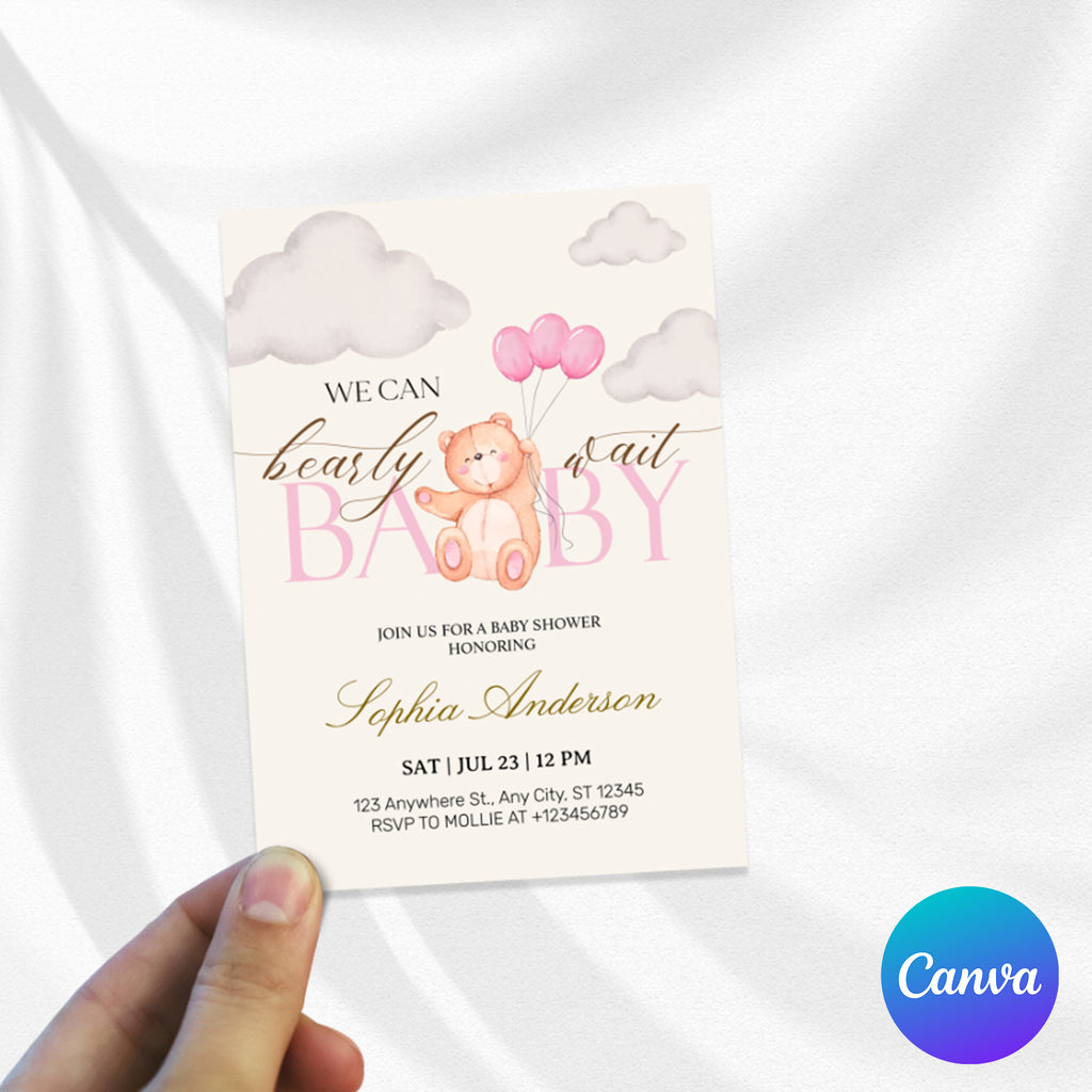 We Can Bearly Wait Pink Teddy Bear Baby Shower Invitation – Editable Canva Template