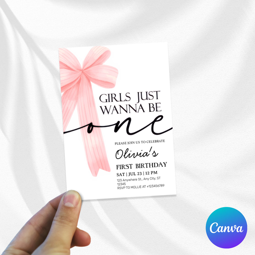 Girls Just Wanna Be One Pink Bow 1st Birthday Invitation – Editable Canva Template