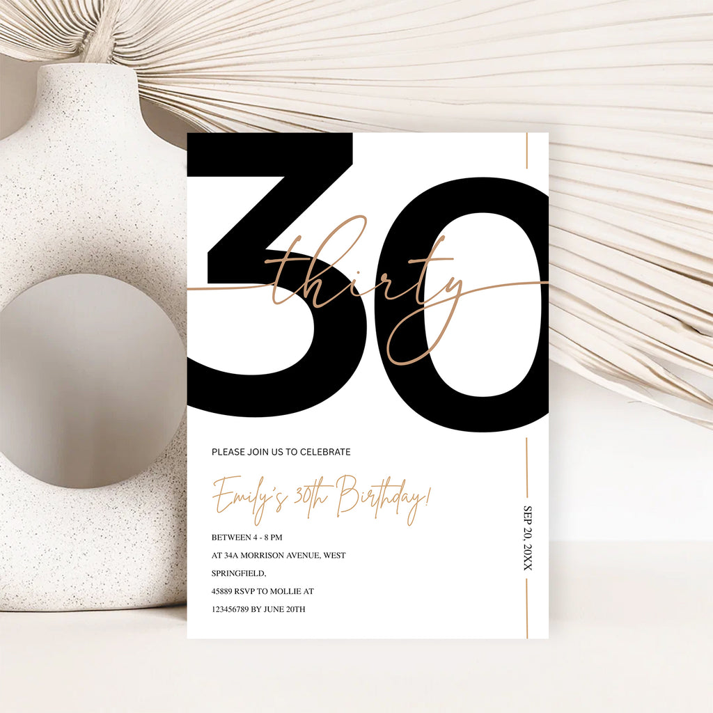 Modern Minimalist White & Gold 30th Birthday Party Invitation – Editable Canva Template
