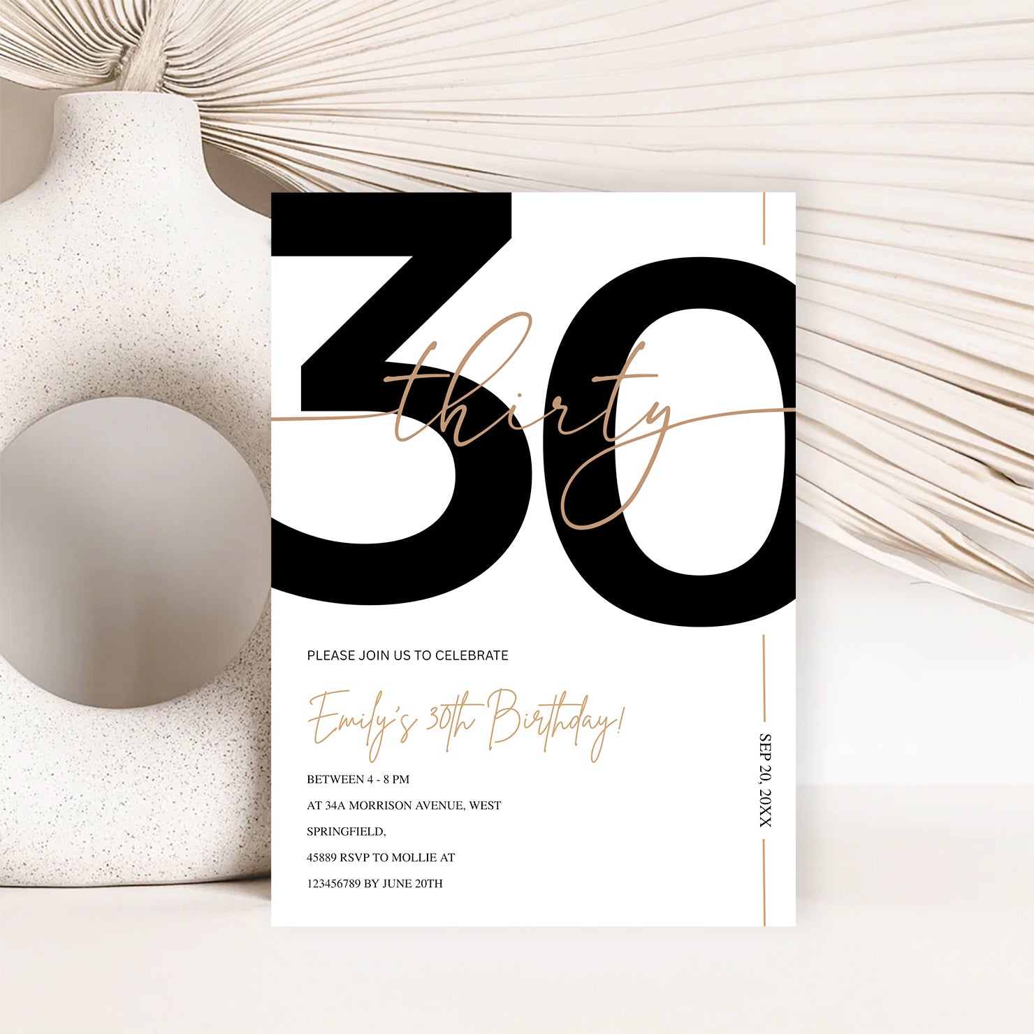 Modern Minimalist White & Gold 30th Birthday Party Invitation – Editable Canva Template