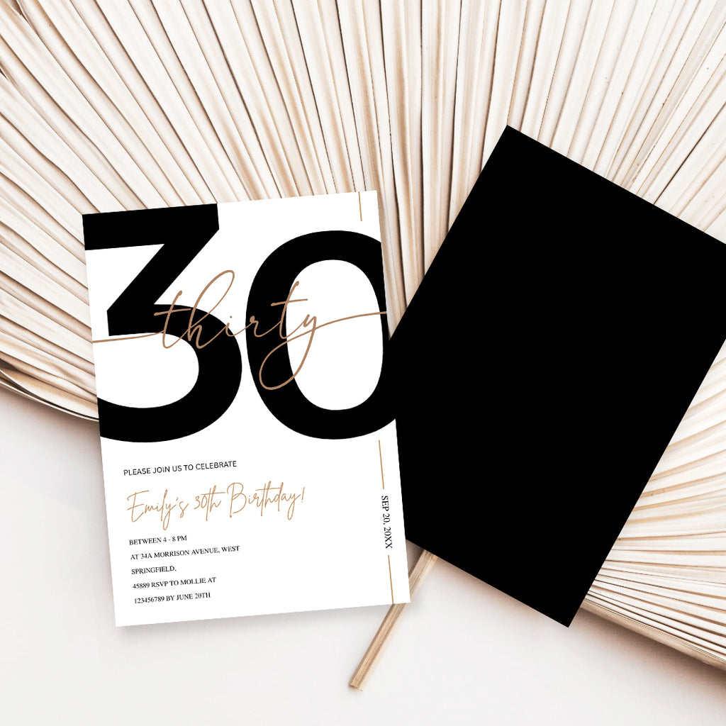 Modern Minimalist White & Gold 30th Birthday Party Invitation – Editable Canva Template